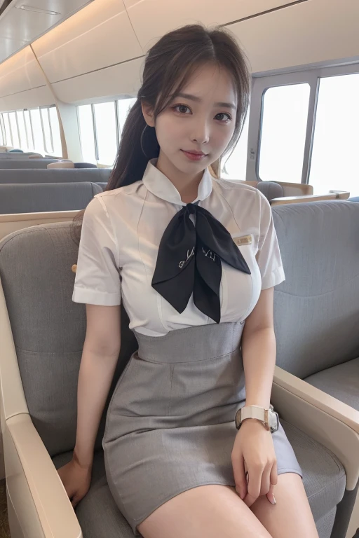 (8k, highest quality, masterpiece: 1.2), (Realistic, Realistic: 1.2), Beautiful Japanese 20 year old woman, Tight waist, Thin thighs, detailed: (非常にdetailedな: 1.3), ((Dark colored stewardess costume)), Updo short hair, ((Wearing a mini skirt)), Slim and perfect style. (High resolution: 1.1), Airplane Passenger Passenger Passenger, Slim thighs, Perfect beauty,