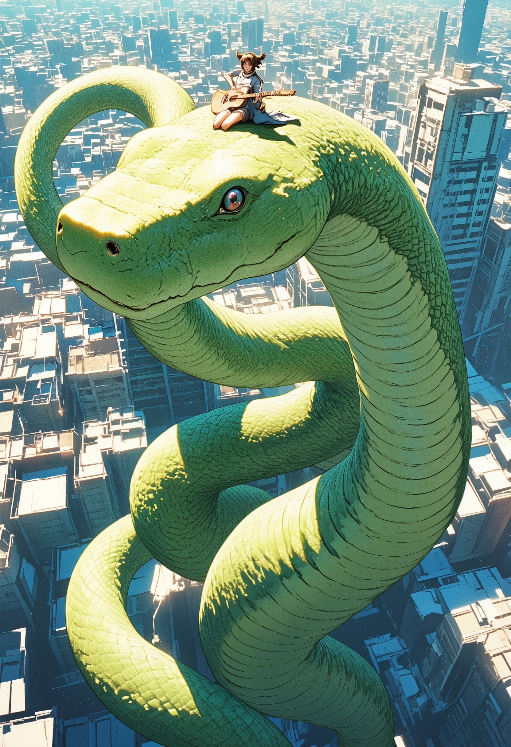 A giant snake bigger than a building and a girl playing guitar on the head of a large snake、Big Snake、Twintail girl、 Long Shot 、 angle looking up from below、 highest image quality taken by Ki、 Masterpiece、