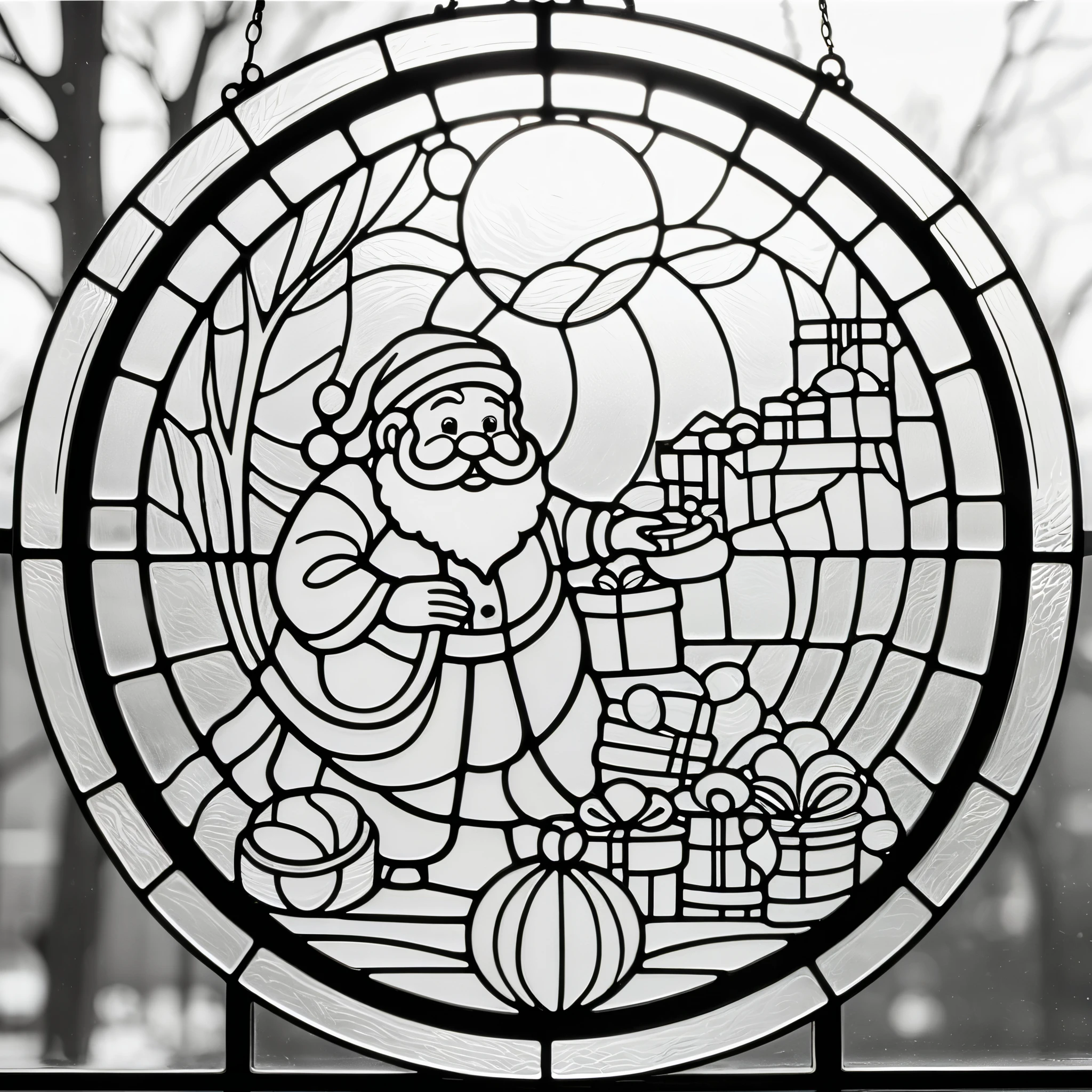 circle, simple line art, black and white, Stained glass design, without colored glass, composed only of lines, The theme is Santa Claus is busy delivering presents,
