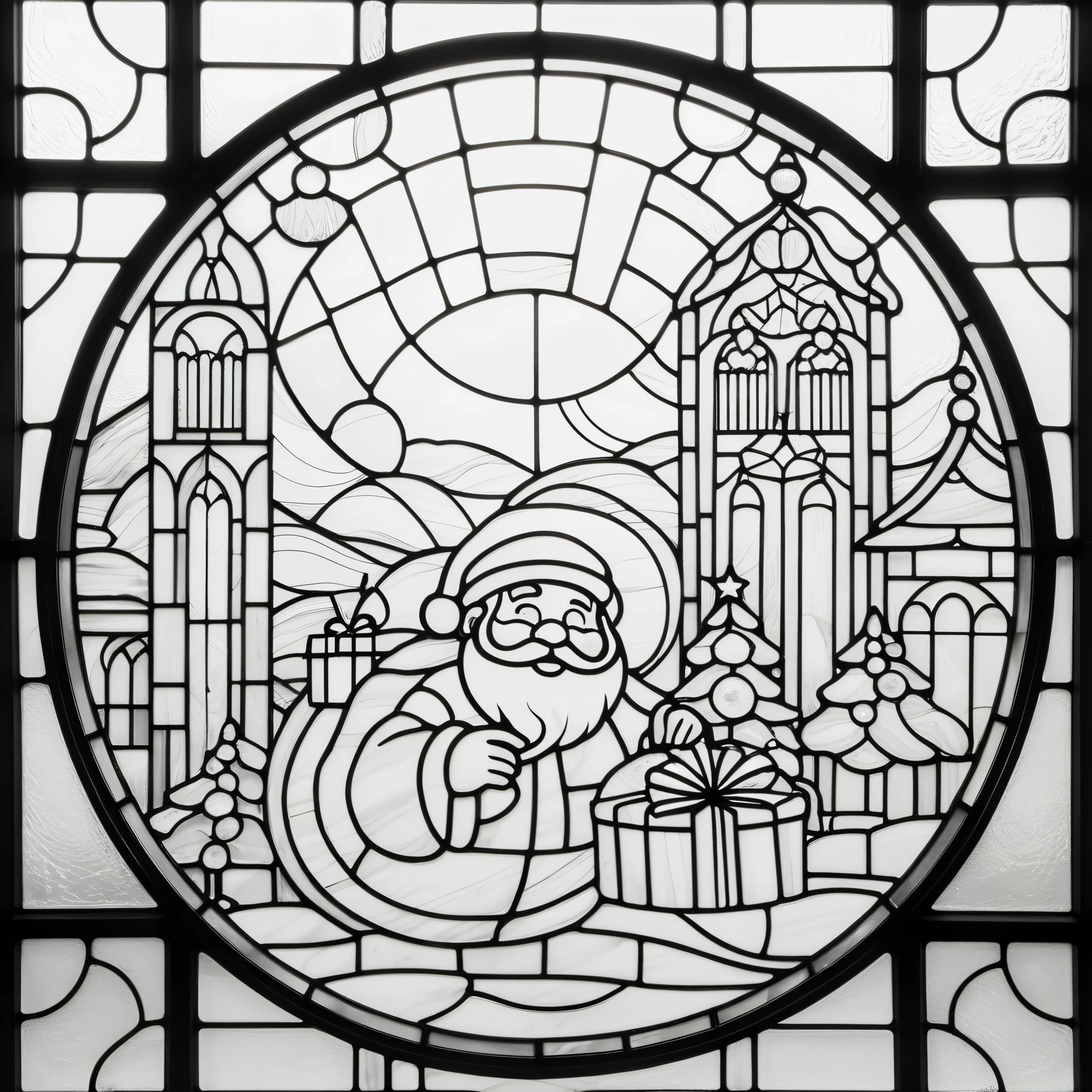 circle, simple line art, black and white, Stained glass design, without colored glass, composed only of lines, The theme is Santa Claus is busy delivering presents,