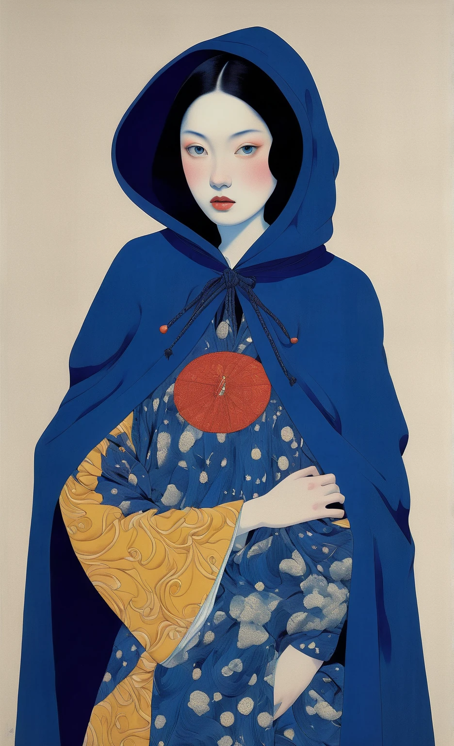  front body view  ( upper half of the body ), (young girl with blue riding hood) face in position 3/4,  beautiful detailed eyes , black hair tied on top of her head (some curls fall down). hermosa jovencita con riding hood Dark blue,  by Tsutomu Nihei  ,( strange but extremely beautiful:1.4),(  masterpiece,  better quality :1.4),in the style of nicola samori,Mante, Ukiyo-e art,d style page&#39;Erik Madigan Heck,retrato, illustration,Drawing,Contour,bold Contour, luminous  , tattoo design ,Alex Gross style page ((8K)) (( Ultra High Definition )) (( masterpiece)) ( upper half of the body ). background landscape blends with clothing. (riding hood Dark blue con patrón detailed textile de "8-pointed yellow stars ") ((blue riding hood covers her torso, only her forearms and hands can be seen (one hand on chest, the other hand on her abdomen)) (Dark blue, coral, cream, pale green) (Detailed lines) (detailed textile)