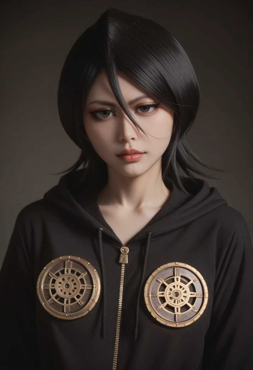 Rukia Artfully aesthetic, steampunk style samurai a woman in a black and red, seductive anime girl, female samurai, artwork in the style of guweiz, female anime character, guweiz hoodie and sarashi aesthetically pleasing, logical and simple