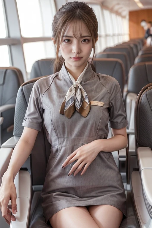 (masterpiece:1.2、 top quality :1.2)、32kHDR、 high res、(Alone、 1 girl、 slim figure)、（Realistic style with Starlux uniforms ）、 (At the airport lounge,   professional writing sitting on a beach chair )、（Starlux Airlines silver uniform:1.4）、（Starlux Airlines silver uniform with short sleeves）、（Scarf on chest）、Big Breasts、（ long hair upstyle 、Long hair tied in a chignon）、 dark brown hair 、Long Hit、（（：2.0））、（（harmonious body proportions：1.5））、（（Normal limbs：2.0））、（（Usually refers to：2.0））、（（Delicate eyes：2.0））、（（Normal eyes：2.0））)、 beautiful standing, viewers, close-up,