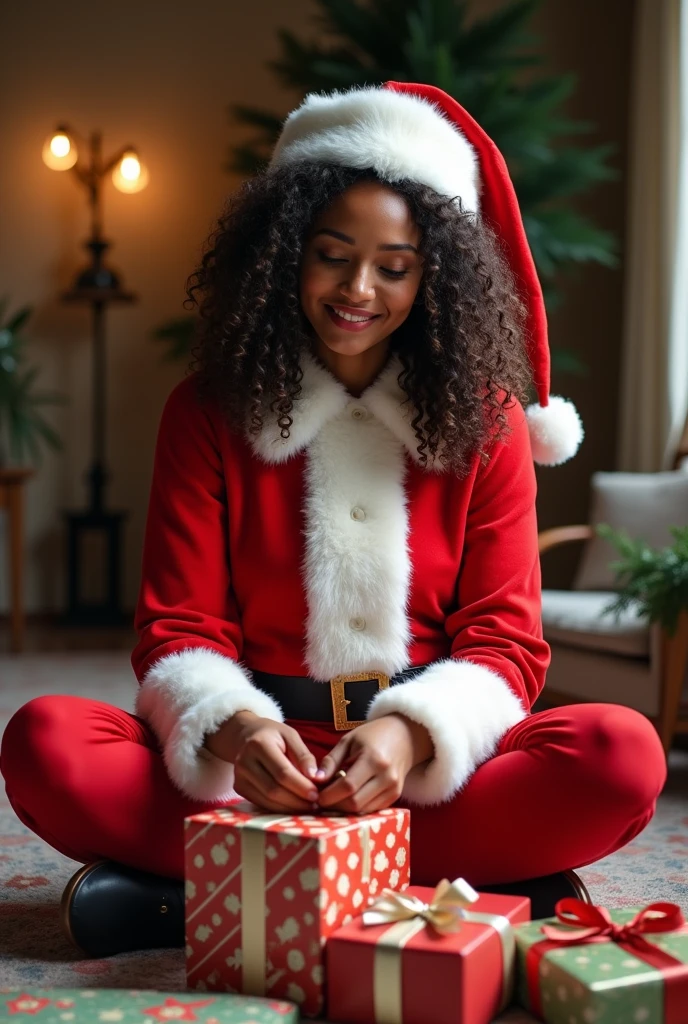 masterpiece, best quality, highly detailed, <lora:drow_offset:0.8> drow, dark elf, colored skin, dark skin, blue skin, grey skin, pointy ears, opening a christmas present, surprised smile, christmas tree, ornaments, christmas lights, candy canes, santa clothes,