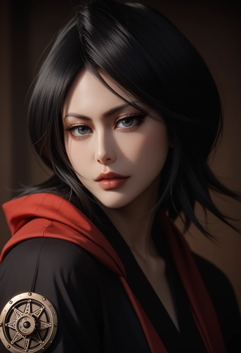 Rukia Artfully aesthetic, steampunk style samurai a woman in a black and red, seductive anime girl, female samurai, artwork in the style of guweiz, female anime character, guweiz hoodie and sarashi aesthetically pleasing, logical and simple