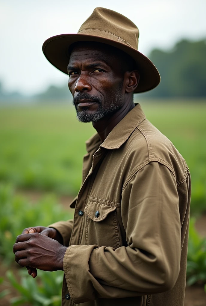 documentary photo of old a black fat man, a straw hat, (farmer, dirty clothes:1.1), a field with wheat in the background, a ranch, warm lighting, cosy atmosphere looking at the viewer. dark photo, grainy, dimly lit, (high detailed skin:1.1), technicolor, soft tones,dreamy haze,perfect face,by Lee Friedlander