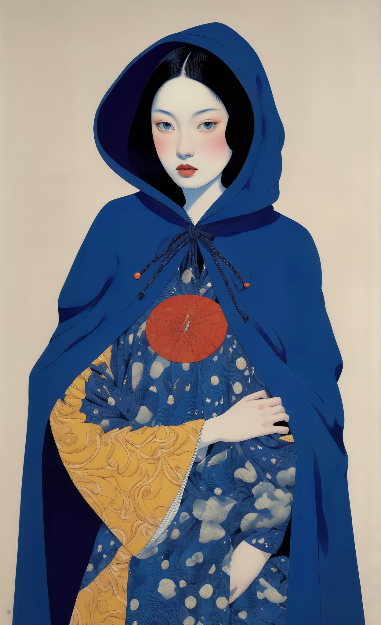  front body view  ( upper half of the body ), (young girl with blue riding hood) face in position 3/4,  beautiful detailed eyes , black hair tied on top of her head (some curls fall down). hermosa jovencita con riding hood Dark blue,  by Tsutomu Nihei  ,( strange but extremely beautiful:1.4),(  masterpiece,  better quality :1.4),in the style of nicola samori,Mante, Ukiyo-e art,d style page&#39;Erik Madigan Heck,retrato, illustration,Drawing,Contour,bold Contour, luminous  , tattoo design ,Alex Gross style page ((8K)) (( Ultra High Definition )) (( masterpiece)) ( upper half of the body ). background landscape blends with clothing. (riding hood Dark blue con patrón detailed textile de "8-pointed yellow stars ") ((blue riding hood covers her torso, only her forearms and hands can be seen (one hand on chest, the other hand on her abdomen)) (Dark blue, coral, cream, pale green) (Detailed lines) (detailed textile)