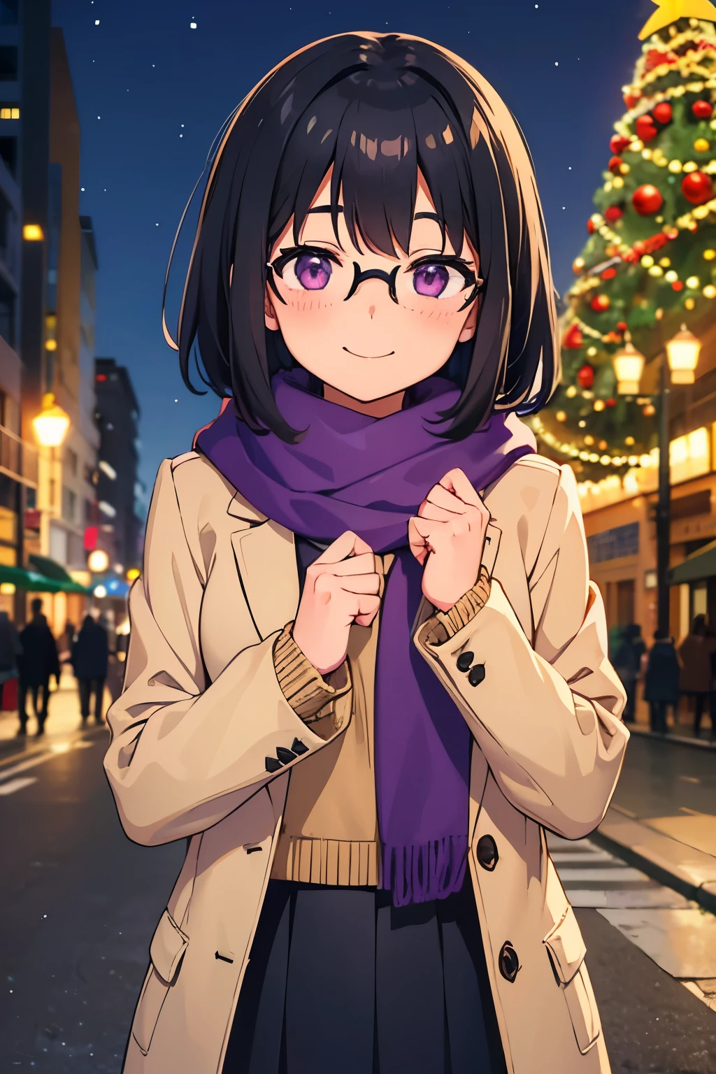 **************************, flat chest, black hair, short bob glasses, purple eyes, blushing cheeks and smiling （（One person））  upper body, beige coat, knit sweater, blue scarf, lower body, black miniskirt, standing, center of upper body, downtown area, Christmas illuminations　 Christmas Tree