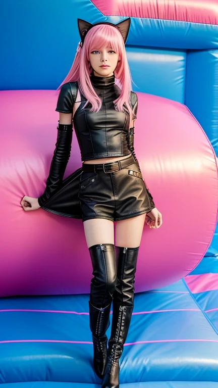  teen with pink hair, Slim model,  leather top , Faltenrock leder,  leather arm warmer blue ,  knee-high leather boots, Cat ears, bouncy castle  
