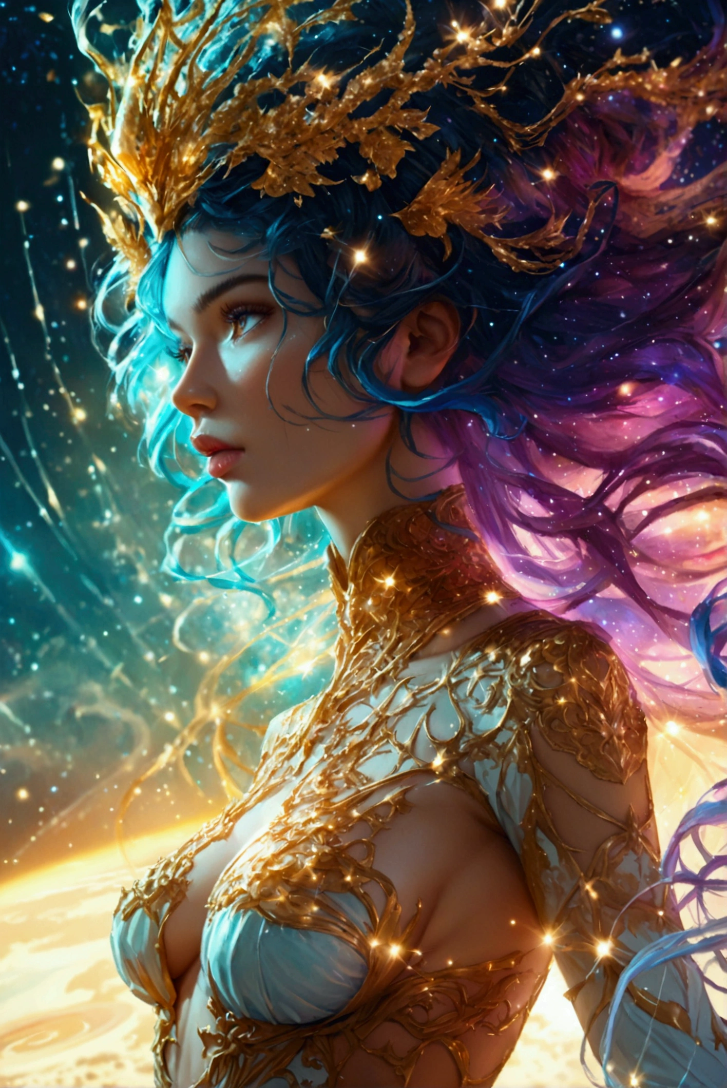 ((Best quality, 8k, Masterpiece :1.3)) beautiful woman: 1.3, beautiful face,, full body woman over 24 years old, saturated colors, psychedelic image, LSD, mandala, fractral, costume, tattoo, painted body, bride, body tilted forward, art similar to Alex Grey's art, lots of color saturation, woman, vortex, ultra realistic, planet earth, galaxy --auto --s2