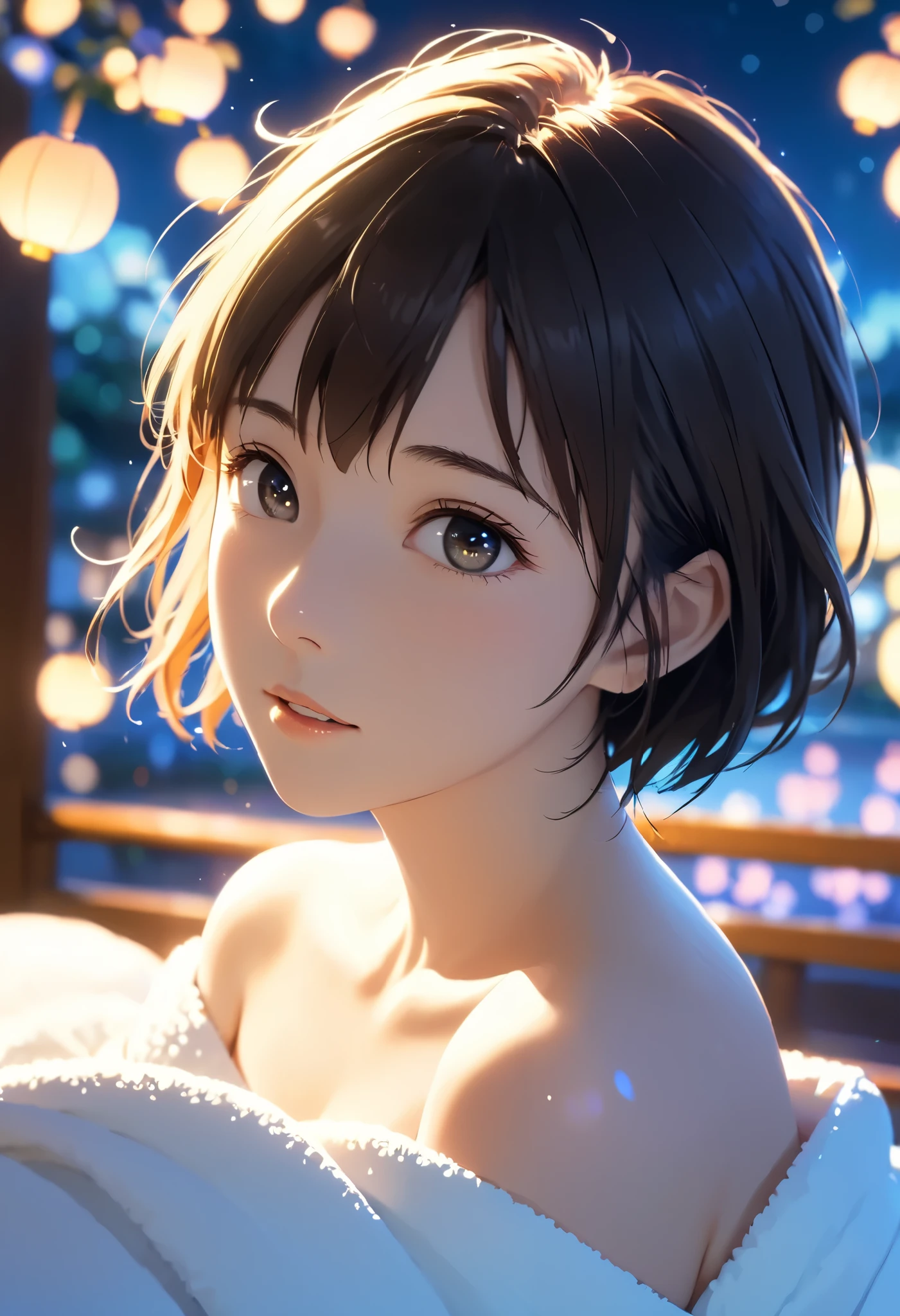 masterpiece,  high res,  illustration,  Kyoto animation style, movie style: your name,  night , mid night , Gentle Light, Fascinating Light, (1 female: 1.3), (Alone: 1.4),  has long eyelashes,  short bob, nose_, open_mouth, futon,  nudity,  , towel, Kirarhythm, dynamic perspective, perspective, Bokeh, Depth_of_Field, from_ Down