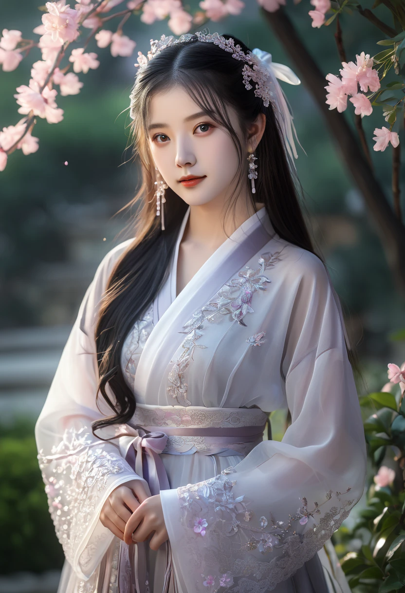 (young woman: 1.5), lace, ribbon, Hanfu, (masterpiece, side light, delicate and beautiful gray eyes: 1.2), masterpiece, realistic, glowing eyes, shiny hair, dark hair, long hair, shiny skin, solo, awkward, strapless, delicate, beautiful, garden, flowers, fluttering petals
