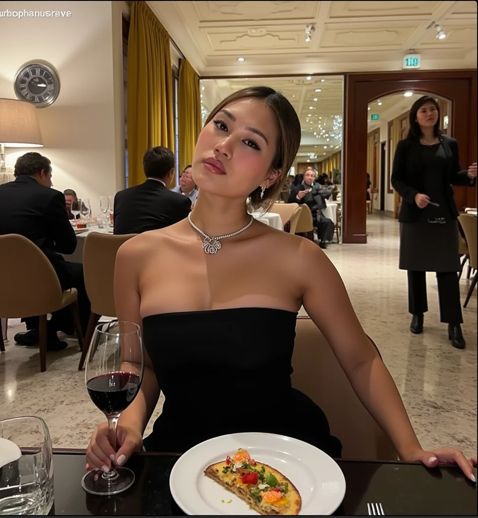 In the image, a young woman with makeup and allure is seated in an elegant restaurant or dining area. looking at the camera, She is wearing a strapless black dress, generous cleavage, push up bra and large breasts. and has her hair styled in a low ponytail. She is holding a glass of red wine in her right hand. In front of her, there is a plate with what appears to be a pizza or flatbread topped with colorful ingredients.

The setting is sophisticated, with marble or granite flooring and walls, and warm lighting from ceiling fixtures. In the background, other people are seated at dining tables, suggesting an upscale dining environment. The decor includes a large mirror, a clock on the wall, and large curtains that add to the ambiance. The restaurant appears to have high ceilings and an open layout.