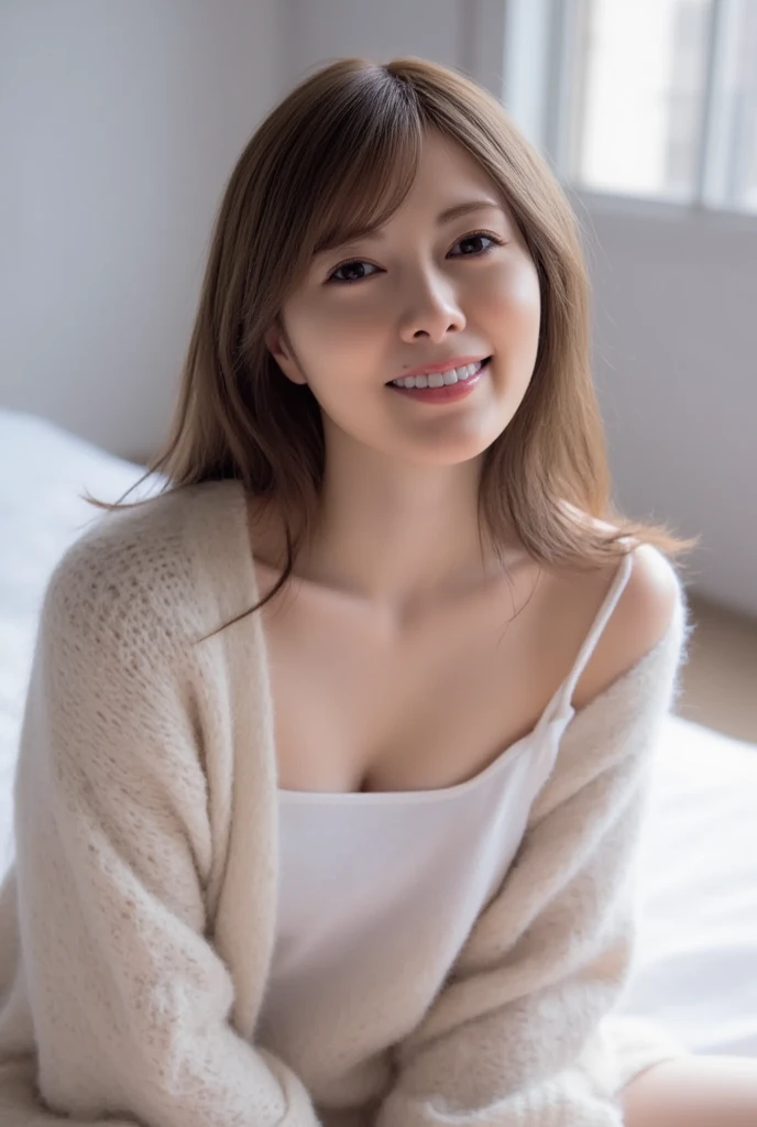 (((top-down configuration:1.4))), (best quality:1.4), (ultra highres:1.2), (photorealistic:1.4), (16k, RAW photo:1.2), (portrait shot:1.3), professional lighting, Japanese goddess, gravure, detailed face and skin texture, detailed eyes, looking at camera, nsfw, beautiful eyes, detailed eyes, beautiful face, detailed face, ((smile:1.3)), (highest quality), glowing skin, (smooth lighting:1.2), (cinema lighting:1.2), (brown long hair), (bangs:1.4), ((off shoulder:1.2)), (bare shoulder:1.2), ((emphasize cleavage:1.4)), (large breasts:1.4), ((tits to tits)), ((white sweater:1.3)), (bare thighs:1.2), (white thighs:1.1), sitting down, seiza, (leaning forward), (hands on knee), from slightly above