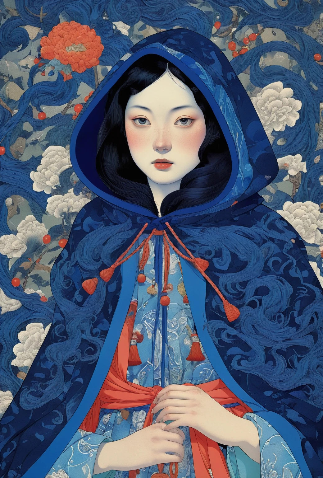  front body view  ( upper half of the body ), (young girl with blue riding hood) face in position 3/4,  beautiful detailed eyes , black hair tied on top of her head (some curls fall down). hermosa jovencita con riding hood Dark blue,  by Tsutomu Nihei  ,( strange but extremely beautiful:1.4),(  masterpiece,  better quality :1.4),in the style of nicola samori,Mante, Ukiyo-e art,d style page&#39;Erik Madigan Heck,retrato, illustration,Drawing,Contour,bold Contour, luminous  , tattoo design ,Alex Gross style page ((8K)) (( Ultra High Definition )) (( masterpiece)) ( upper half of the body ). background landscape blends with clothing. (riding hood Dark blue con patrón detailed textile de estrellas de 8 picos) ((blue riding hood covers her torso, only her forearms and hands can be seen (one hand on chest, the other hand on her abdomen)) (Dark blue, coral, cream, pale green) (Detailed lines) (detailed textile)