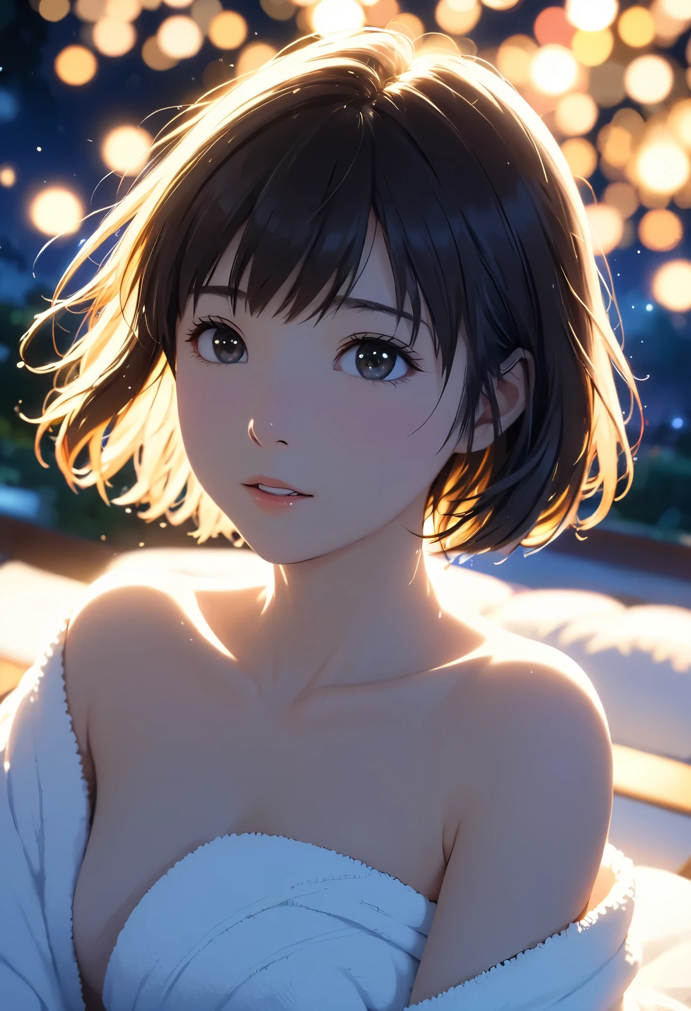 masterpiece,  high res,  illustration,  Kyoto animation style, movie style: your name,  night , mid night , Gentle Light, Fascinating Light, (1 female: 1.3), (Alone: 1.4),  has long eyelashes,  short bob, nose_, open_mouth, futon,  nudity,  , towel, Kirarhythm, dynamic perspective, perspective, Bokeh, Depth_of_Field, from_ Down