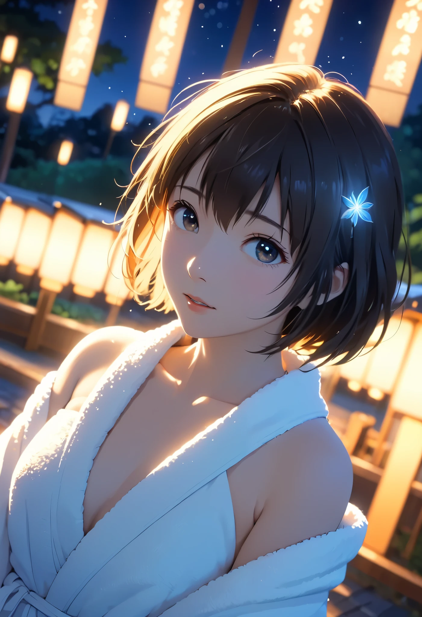 masterpiece,  high res,  illustration,  Kyoto animation style, movie style: your name,  night , mid night , Gentle Light, Fascinating Light, (1 female: 1.3), (Alone: 1.4),  has long eyelashes,  short bob, nose_, open_mouth, futon,  nudity,  , towel, Kirarhythm, dynamic perspective, perspective, Bokeh, Depth_of_Field, from_ Down