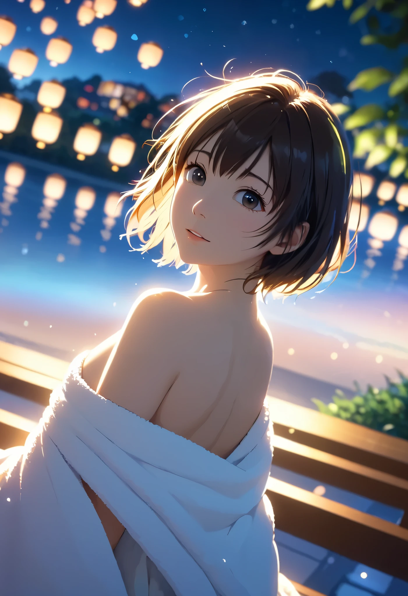 masterpiece,  high res,  illustration,  Kyoto animation style, movie style: your name,  night , mid night , Gentle Light, Fascinating Light, (1 female: 1.3), (Alone: 1.4),  has long eyelashes,  short bob, nose_, open_mouth, futon,  nudity,  , towel, Kirarhythm, dynamic perspective, perspective, Bokeh, Depth_of_Field, from_ Down