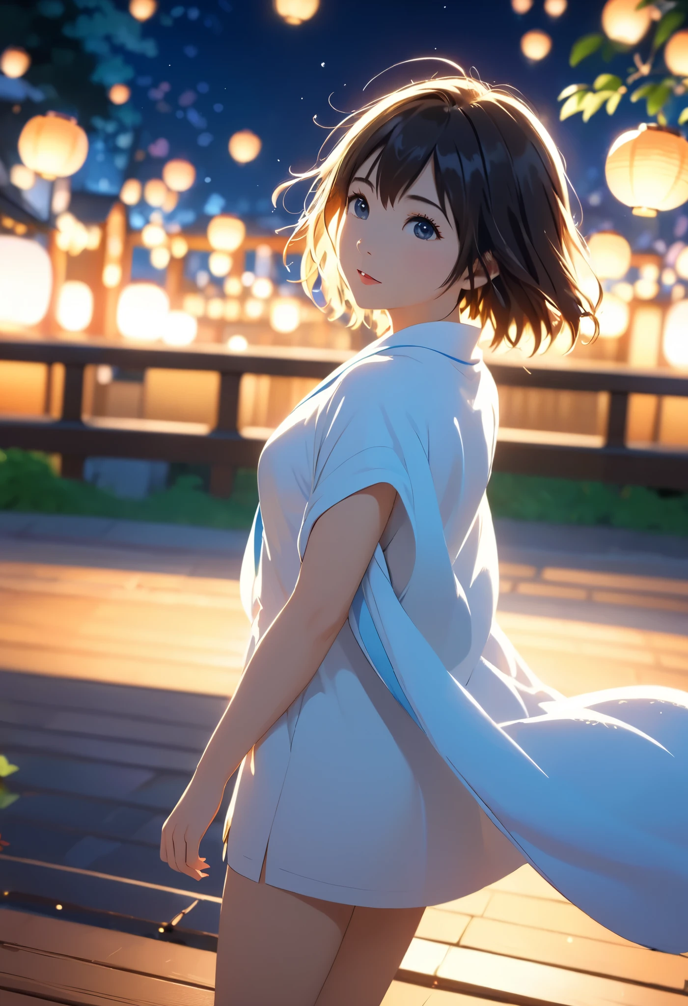 masterpiece,  high res,  illustration,  Kyoto animation style, movie style: your name,  night , mid night , Gentle Light, Fascinating Light, (1 female: 1.3), (Alone: 1.4),  has long eyelashes,  short bob, nose_, open_mouth, futon,  nudity,  , towel, Kirarhythm, dynamic perspective, perspective, Bokeh, Depth_of_Field, from_ Down