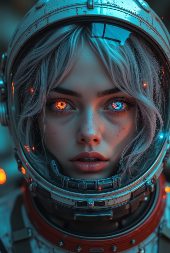 (Close-up of a better masterpiece:1.5)0.9], (Space and astronauts:1.2) (Messy silver hair:1.1) (Heterochromia xanthochromia and blue eyes:1.2) (Space Helmet:1.0) (Colored stars in the eyes:1.0) (A radiant glow:1.1) (thick lips:0.9)