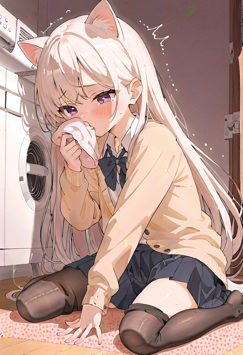 (masterpiece,beautiful,hughres,CG,8k,16k,best quality,high-resolution,detailed fingers,detailed hands,detailed legs,detailed eyes:1.5),anime,source anime,illustration,panties focus,1girl,Alone,(indoors,a washing machine ,laundry basket:1.5),(on floor:1.2),(white hair:1.5),(very long hair,straight hair:1.5),(school uniform,white shirt,Cardigan,black tights,pleated skirt,black skirt,Cat ears:1.3),(white panties:1.6),small breasts,sitting,(smelling clothes,smelling,kunka:1.4),covering mouth,(skirt tug:1.5),(My legs,folded:1.4),(female orgasm,pussy juice:1.3),(trembling:1.4),(gasping,heavy breathing,blush:1.5),(impatience1.1),flustered,(fidgeting around:1.4),(steam:1.2),(sweat skin:1.4),(streaming tears:1.2),drooling,looking away,(looking down:1.4),(spoken heart:1.2),(narrow one's eyes:1.6)
