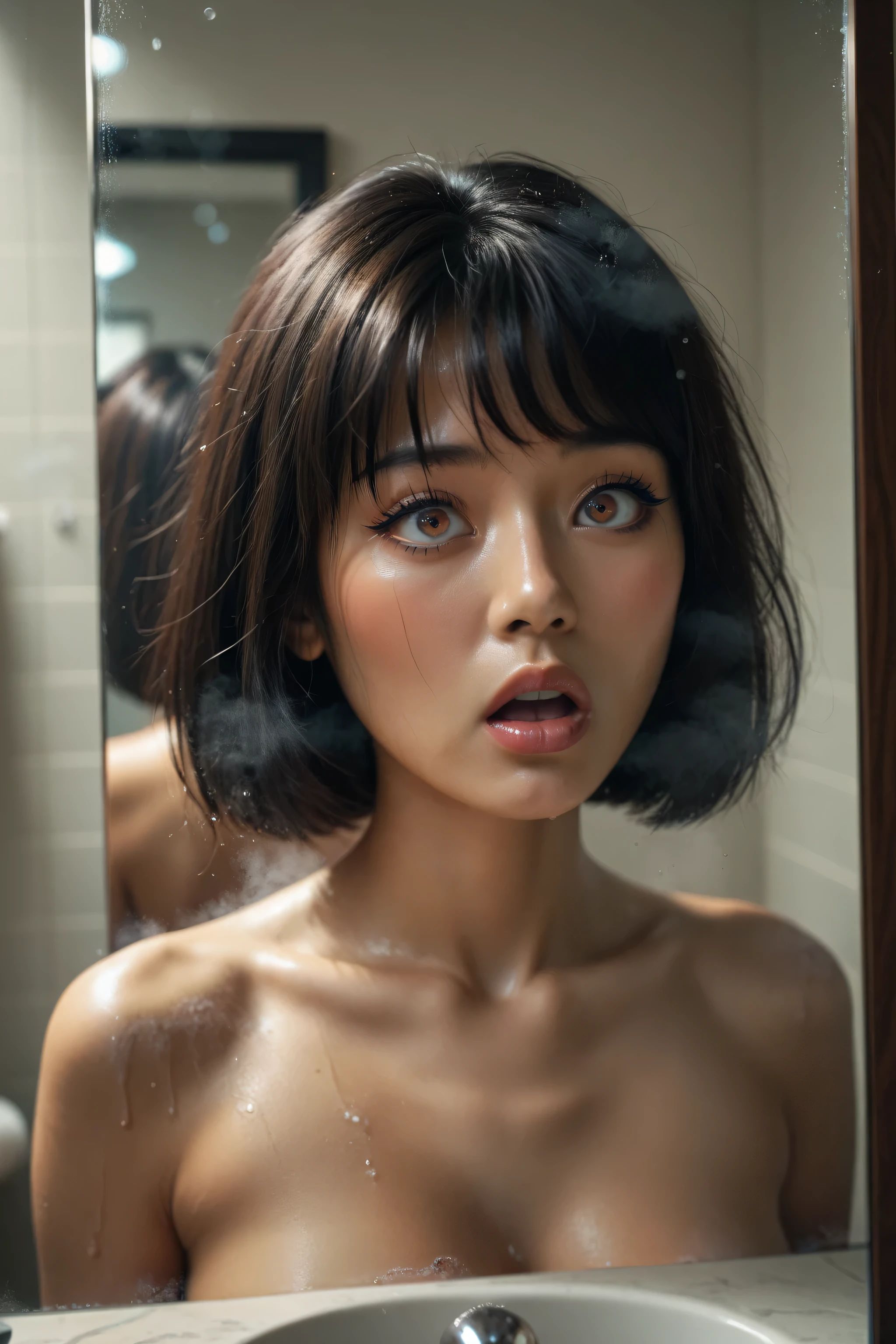 score_9, score_8_up, score_7_up, vibrant asian woman, steamy shower,eyes wide in shock, stare at face, shock gasp in mirror, shoulder length hair, mediumbreasts_erect nipples