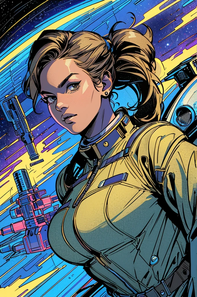 (((Top Quality Masterpiece ))),(((solo:1.2))),((( 1 woman :1.2))), 32K Highly Detailed Wallpaper , Retro Vintage Style ,((((dynamic Angles)))),(((Overwhelming highlights))),((( most complex machine))),A space suit with a very flashy color scheme ))),