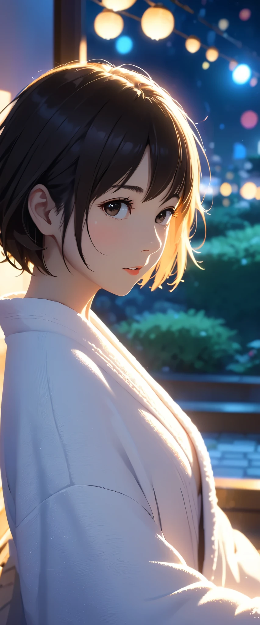 masterpiece,  high res,  illustration,  Kyoto animation style, movie style: your name,  night , mid night , Gentle Light, Fascinating Light, (1 female: 1.3), (Alone: 1.4),  has long eyelashes,  short bob, nose_, open_mouth, futon,  nudity,  , towel, Kirarhythm, dynamic perspective, perspective, Bokeh, Depth_of_Field, from_ Down