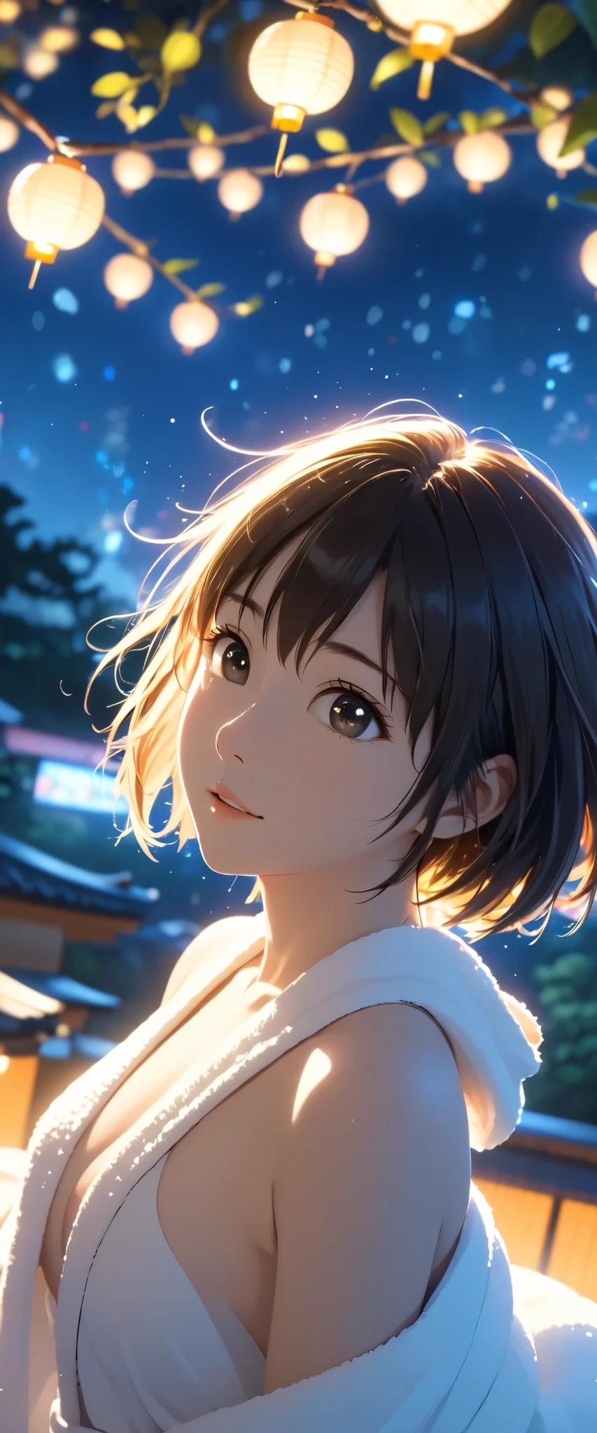 masterpiece,  high res,  illustration,  Kyoto animation style, movie style: your name,  night , mid night , Gentle Light, Fascinating Light, (1 female: 1.3), (Alone: 1.4),  has long eyelashes,  short bob, nose_, open_mouth, futon,  nudity,  , towel, Kirarhythm, dynamic perspective, perspective, Bokeh, Depth_of_Field, from_ Down