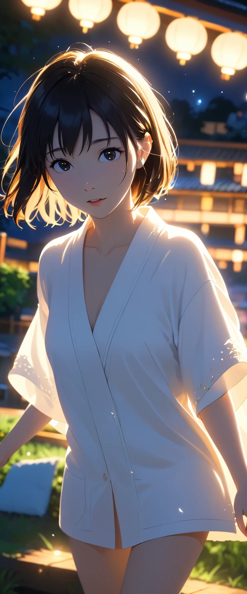 masterpiece,  high res,  illustration,  Kyoto animation style, movie style: your name,  night , mid night , Gentle Light, Fascinating Light, (1 female: 1.3), (Alone: 1.4),  has long eyelashes,  short bob, nose_, open_mouth, futon,  nudity,  , towel, Kirarhythm, dynamic perspective, perspective, Bokeh, Depth_of_Field, from_ Down