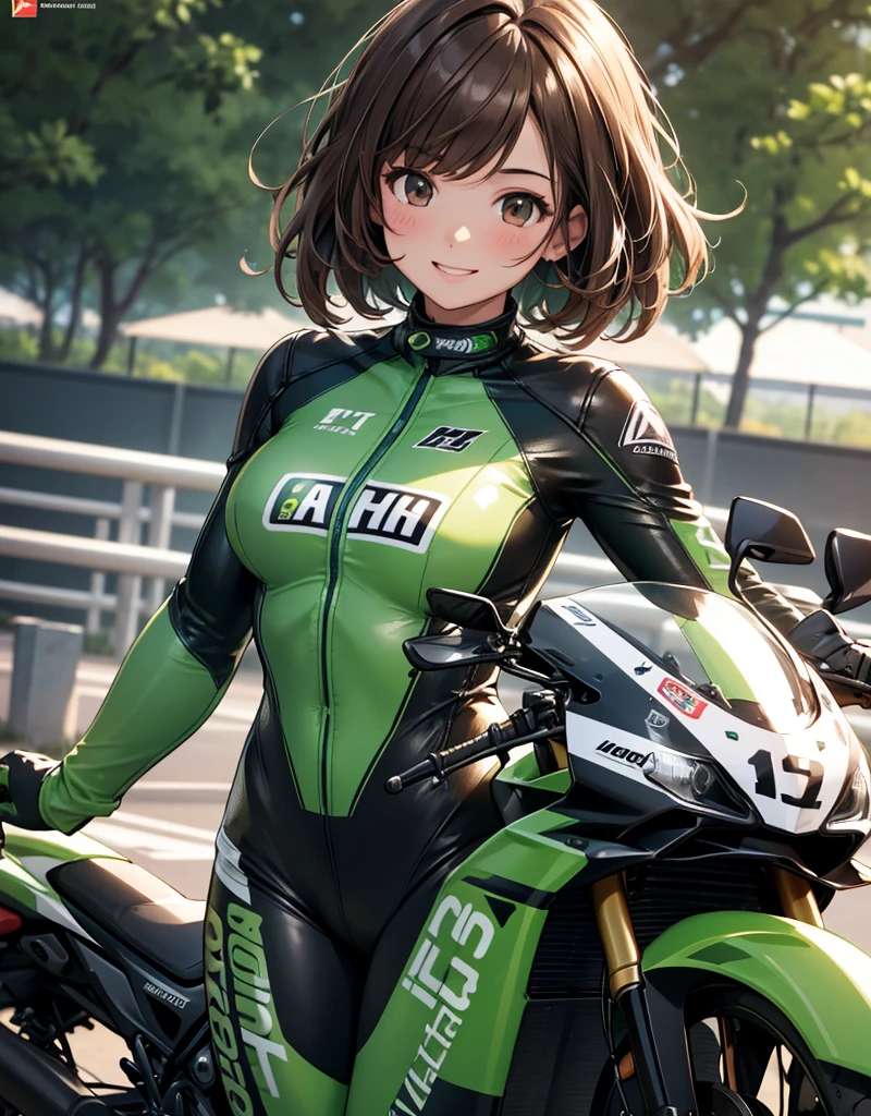  One girl , solo,  high res, chest,  blush,  smiles,  short hair , bangs,  brown eyes,  high res, masterpiece, accurate,  anatomically correct,  wins numerous awards, 最 High Quality , high detail,  high definition model ,  High Quality ,  retina,  very detailed,  Ultra Fine, Brown Hair, standing, ((( GREEN LEATHER RACING SUIT ))), circuit field background , GREEN SPORTS BIKE ,  Wear a green racing suit all over your body, Leather gloves,  open your mouth and laugh, Highlight the whole body,  don't reveal your skin, Hold the helmet on your right , During a circuit race, Motorcycle circuit , motorcycle circuit, Racing suit with sponsor logo , , 