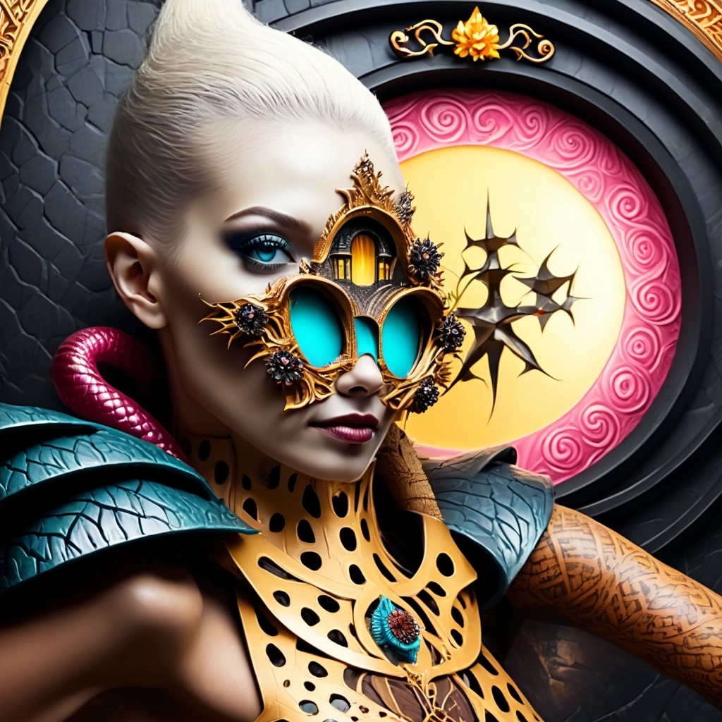 A close-up of a woman with tattoos on her face, dark elf, fractalpunk, intricate braided hair, Portrait in matte painting, Beautiful android woman, skin black as bitumen, she's dressed in shaman clothes, tattooed face, CryptoPunk, heavy makeup