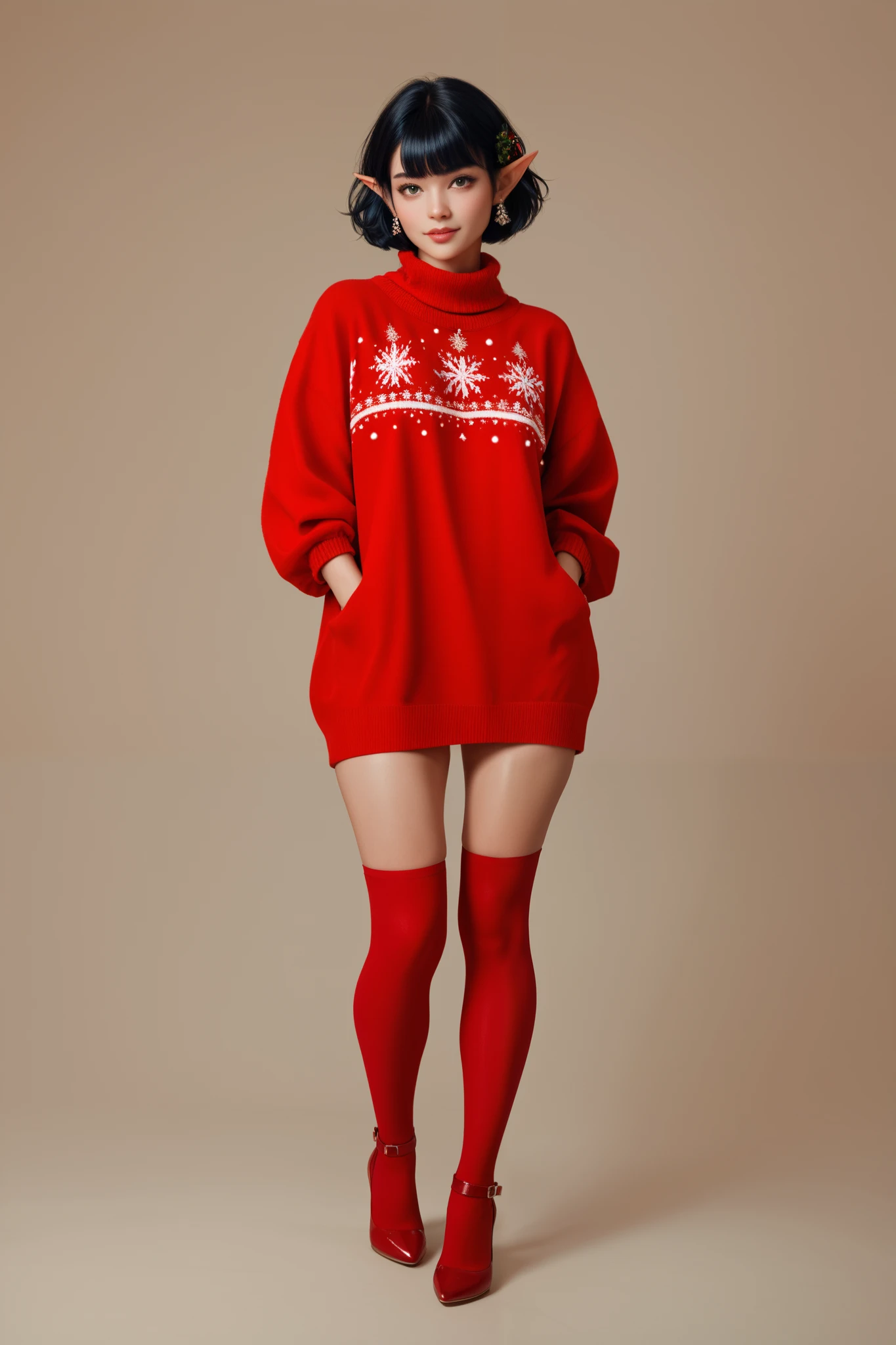 Christmas elf with short black hair full body