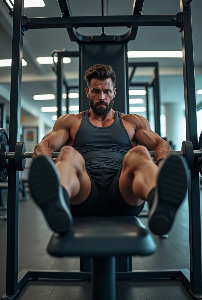 Handsome muscular man in gym shorts Bench Pressing laid down with a beautiful dainty young woman straddling him completely naked as he is lifting the bar in the down position.