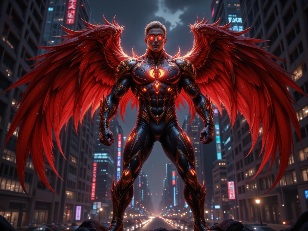 Create a design of a full body man wearing a flash costume inspired by the Garuda bird from the Indonesian national symbol. with large red and gold bird wings, its body shape is muscular and flexible. The main colors are red, gold and black. The armor has a typical Indonesian batik pattern, has sharp bird-shaped details, and the glasses are shaped like eagle eyes. The transformation item is a claw-shaped triangle. The setting is a modern city at night, the male character stands on top of a high-rise building, neon lights reflected on the armor