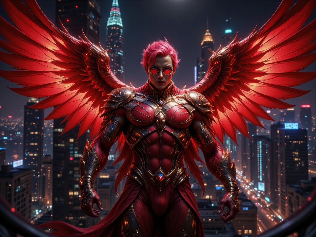 Create a design of a full body man wearing a flash costume inspired by the Garuda bird from the Indonesian national symbol. with large red and gold bird wings, its body shape is muscular and flexible. The main colors are red, gold and black. The armor has a typical Indonesian batik pattern, has sharp bird-shaped details, and the glasses are shaped like eagle eyes. The transformation item is a claw-shaped triangle. The setting is a modern city at night, the male character stands on top of a high-rise building, neon lights reflected on the armor