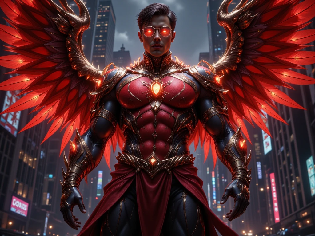 Create a design of a full body man wearing a flash costume inspired by the Garuda bird from the Indonesian national symbol. with large red and gold bird wings, its body shape is muscular and flexible. The main colors are red, gold and black. The armor has a typical Indonesian batik pattern, has sharp bird-shaped details, and the glasses are shaped like eagle eyes. The transformation item is a claw-shaped triangle. The setting is a modern city at night, the male character stands on top of a high-rise building, neon lights reflected on the armor