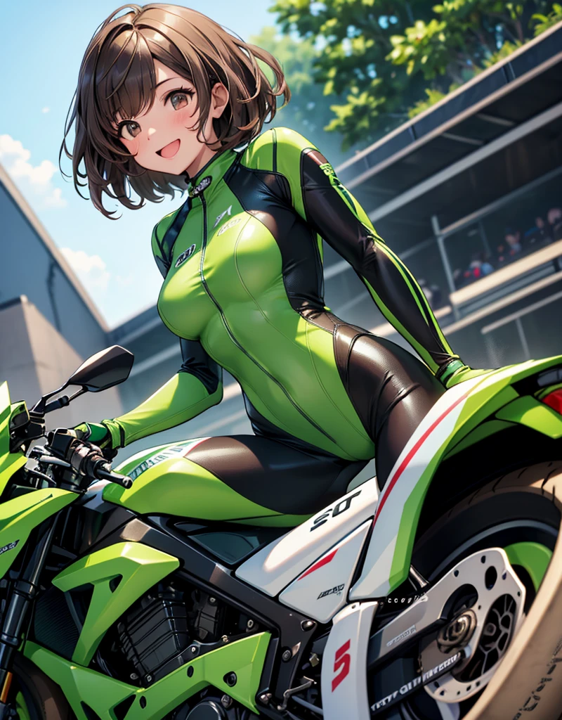  One girl , solo,  high res, chest,  blush,  smiles,  short hair , bangs,  brown eyes,  high res, masterpiece, accurate,  anatomically correct,  wins numerous awards, 最 High Quality , high detail,  high definition model ,  High Quality ,  retina,  very detailed,  Ultra Fine, Brown Hair, standing, ((( GREEN LEATHER RACING SUIT ))), circuit field background , GREEN SPORTS BIKE ,  wear a green racing suit all over, Leather gloves,  open your mouth and laugh, Highlight the whole body,  don't reveal your skin, Hold the helmet on your right , During a circuit race, Motorcycle circuit , motorcycle circuit, Racing suit with sponsor logo , , 