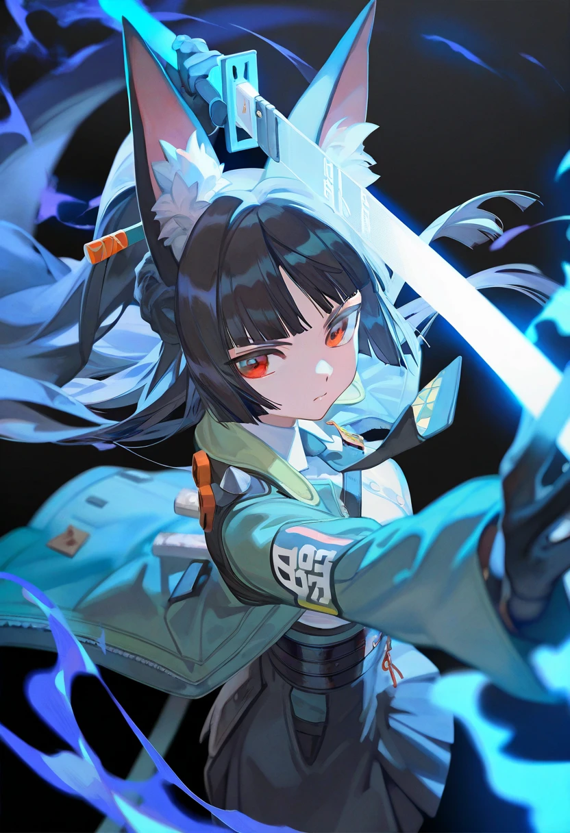 1girl, hoshimi miyabi, zenless zone zero, rei \(sanbonzakura\), torino aqua, (ciloranko:0.9), lack, from above, from side, foreshortening,  animal ear fluff, black gloves, black hair, black necktie, black skirt, blunt bangs, closed mouth, fox ears, fox girl, green jacket, high-waist skirt, holding sword, glowing katana, energy, long hair, red eyes, serious, sidelocks, solo, white shirt, blue theme,  black background, depth of field, cinematic, masterpiece, best quality, good quality, newest, highres, absurdres