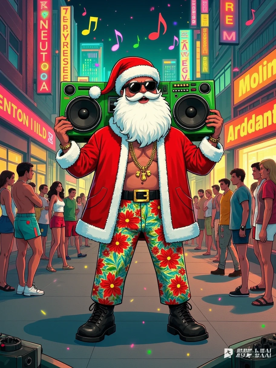 Illustration art, aesthetic art, a festive urban streetscape, neon lights and signs flicker, a man dressed as Santa Claus, wearing sunglasses, a red Santa hat, and a red and white Christmas jacket, carries a large green boombox on his shoulder, He has a white beard, wears gold jewelry, and colorful floral patterned pants, A lively festive atmosphere pervades the scene, with people in summer clothes walking around, The image is vibrant, dominated by red, green, and yellow colors, Musical notes float in the air, creating a celebratory and musical atmosphere, The perspective is at street level, full of energy