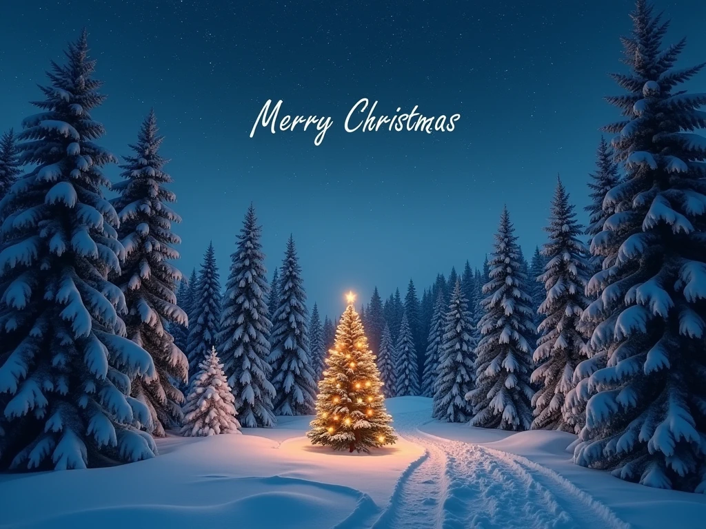 a forest in the deepest winter landscape in the middle a Christmas tree at night above a starry sky in which is written merry christmas