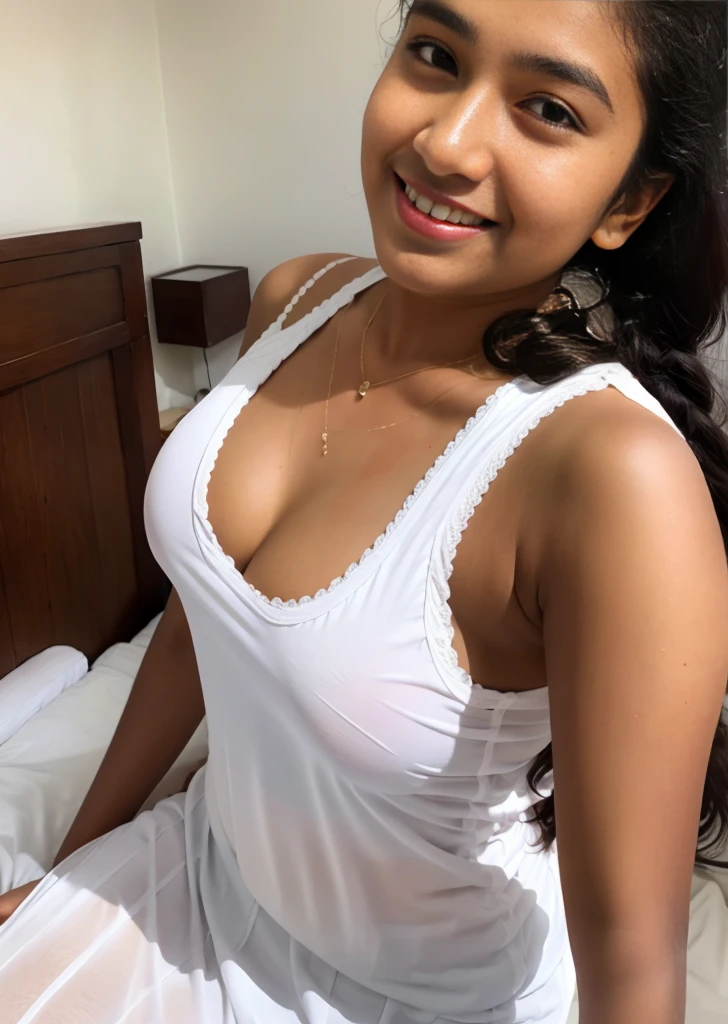 a perfect well-lit photo (closeup:1.15) (medium shot mobile photograph:0.6) photograph of a beautiful indian woman leaning down on the mattress, doggy position, big breast, wearing a see through pink dress, black hair, cleavage visible, her white panty and Brasserie visible, looking at me, coy slight smile