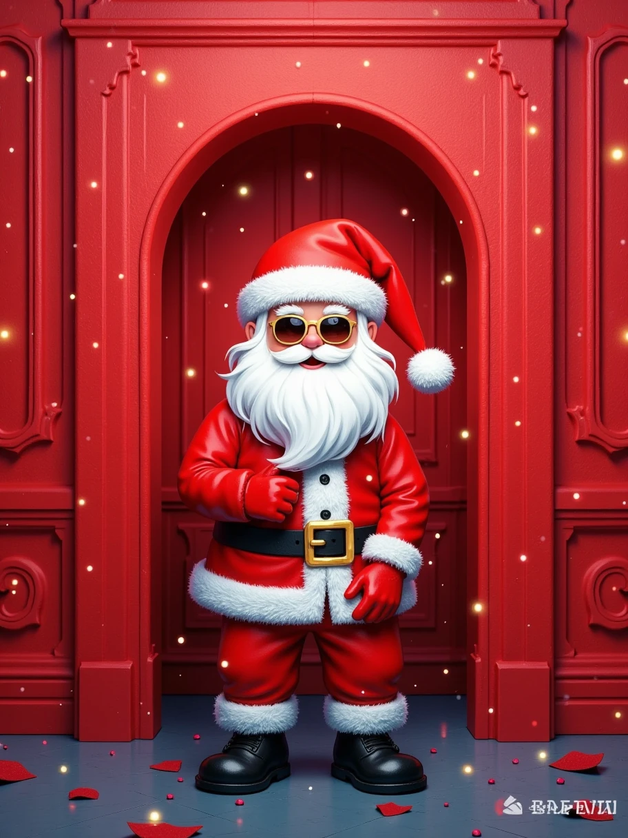  A realistically cute Santa peeks out from behind a red door， Probe behind a pure red wall ，Rectangular or arched ，close up， Extremely clean picture ，C4D Rendering，Blender，Simple characters， Visually playful ，Playful expression，32k ultra high definition， minimal style， partially submerged in water ， poster text “Merry Christmas” 