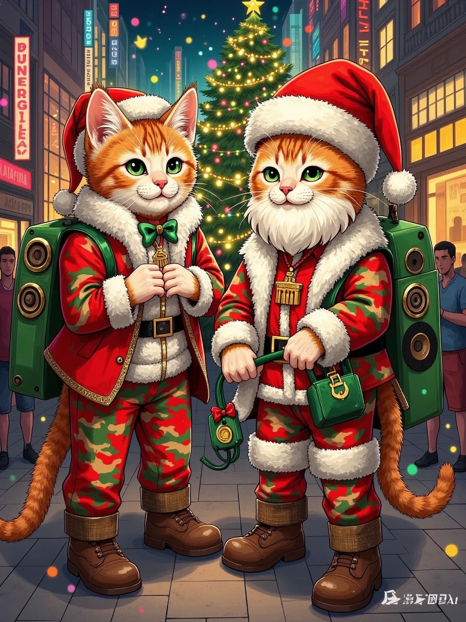  cute and warm ，Healing，Warm color off， The subject of the poster is two cute kittens at work selling things ， What is sold is camouflage fabric 。 Kitten wearing camouflage clothing and accessories with a red Christmas hat on its head， Grainy ，hazy感，, the touch of the brush ，Texture， Cityscapes Fashion magazine ， The text “Merry Christmas” “Merry Christmas” “Merry Christmas” Master typography ，White Space，advanced，Minimalism， Scenery freehand ，Minimalism构图，Multiple smudges ，dispersion，hazy， red and green color scheme ， Warm and bright 