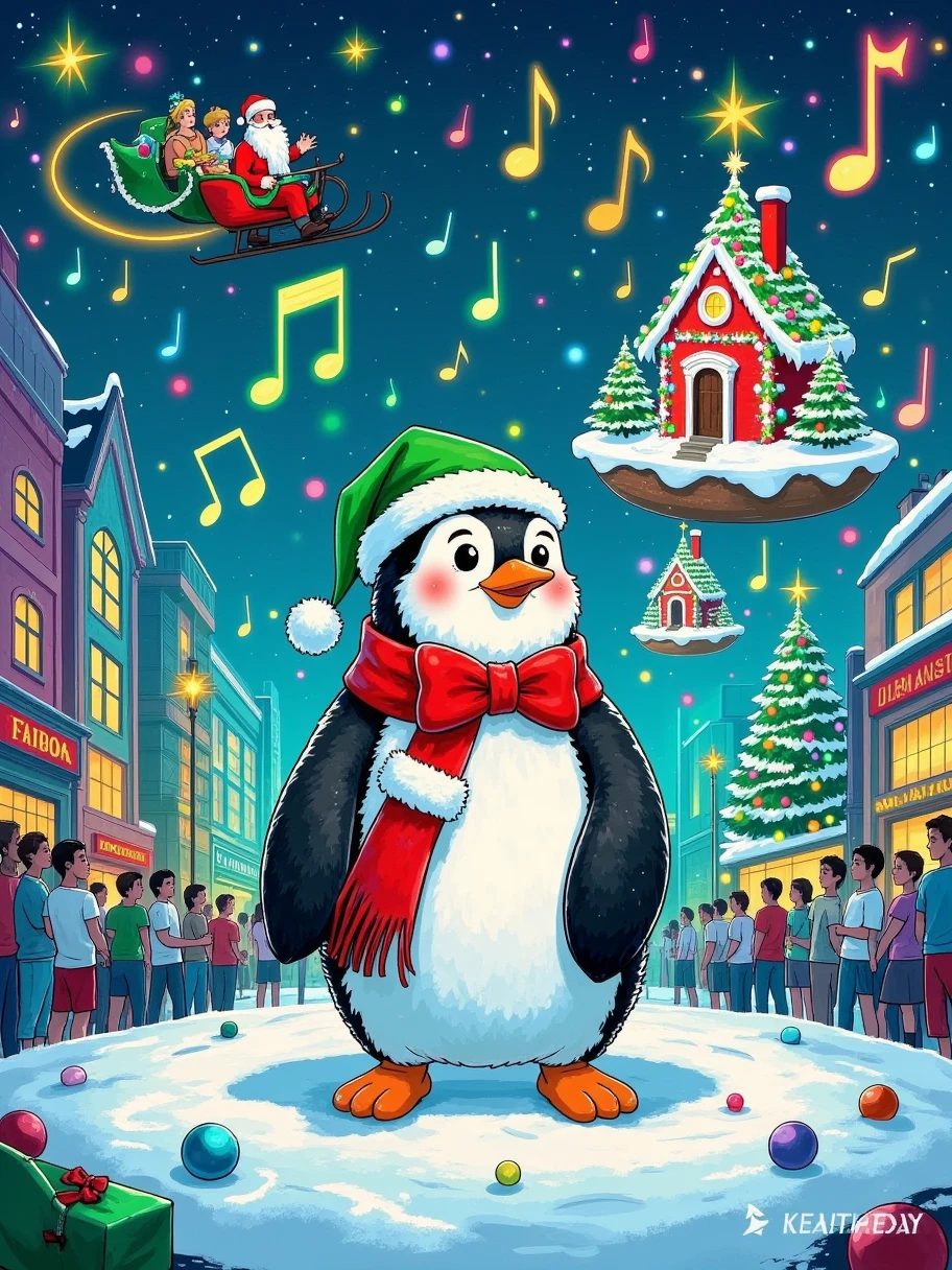 Illustration Art，The art of aesthetics，A penguin with a red bow ，手持一根缠绕着红色和green色丝带的魔杖， stands on a cloud-like platform covered in white frosting ， The background is a starry sky with Santa's sleigh flying over and an island with a floating colorful candy house，The atmosphere is dreamy 。Bright colors，The red、green、Yellow predominantly。Music notes floating in the air ， creates an atmosphere of celebration and music 。 The view is street level ， full of energy 