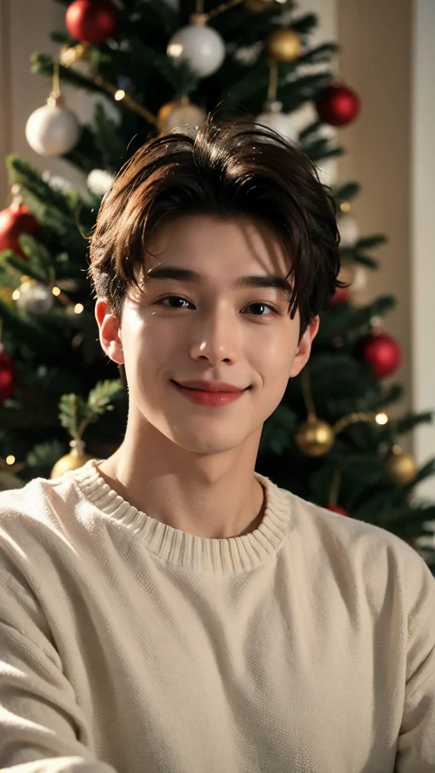 (Highest quality, masterpiece, 8K, top quality, ultra realistic, award winning) 22 year old cool guy. Has a gift. Chic party suit. Upper body. He stares at you. He is in love with the viewer. His cheeks are red. He smiles at the viewer. He looks happy. A Christmas party. A Christmas tree.