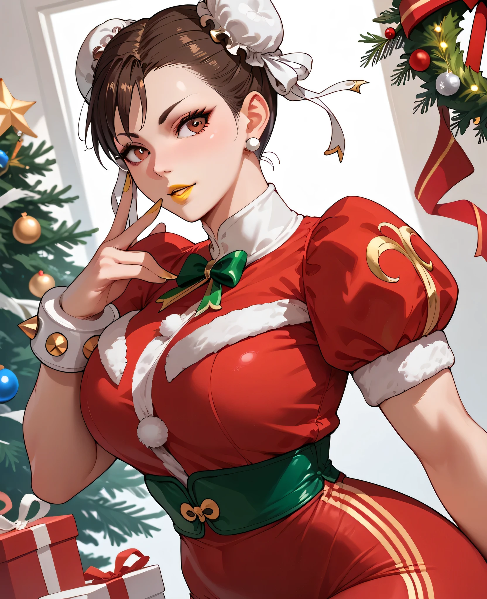 woman, brown hair, brown eyes, chun li, big breasts, yellow lipstick, white skin, anime style, christmas, christmas outfit