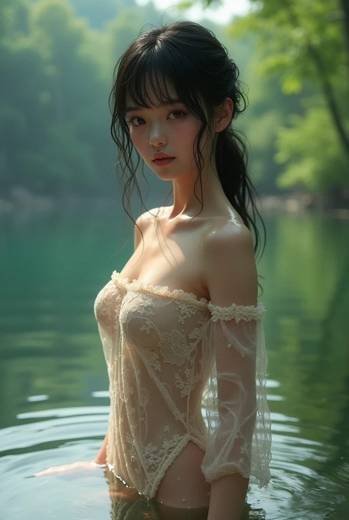 Masterpiece, best quality, silky smooth skin, depth of field, close to the face, detailed eyes and face, 1 girl, big adorable eyes, serene expression, mesmerizing eyes, long straight hair, flowing dress, poised posture, porcelain skin, subtle blush, BREAK golden hour crystal pendant, (rim lighting): 1.2, warm tones, sun flare, shadows soft, vibrant colors, pictorial effect, dreamy atmosphere BREAK scenic lake, distant mountains, willow tree, calm water, reflection, sunlit clouds, tranquil ambience, idyllic sunset, ultra detailed, official art, unity 32k wallpaper, zen tangle, mandala, braid,Delicate beauty face,High quality photo quality images,Small breasts,Flat Bust,Thin cotton clothing through which the nipples of the breasts are visible,