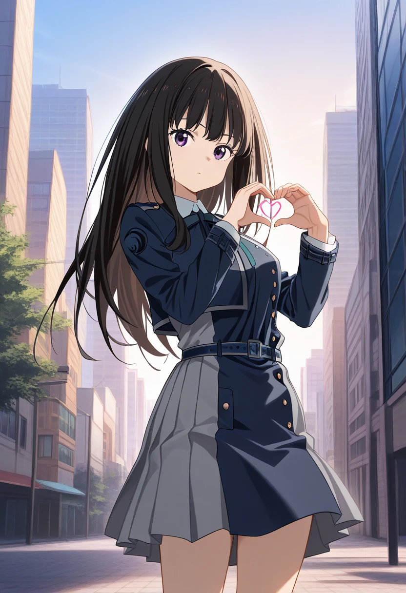 score_9, score_8_up, score_7_up, score_6_up, score_5_up, score_4_up, BREAK source_anime, look at viewer, rating_safe, 1girl, solo, standing, heart hands, city, outdoors, masterpiece, best quality, high detailed skin,  inoue takina, takina def, long hair, black hair, purple eyes, lycoris uniform, long sleeves, green neck ribbon, blue belt,