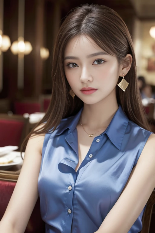 masterpiece, highest quality, Realistic, Very detailed, Finer details, High resolution, 8k wallpaper, One beautiful woman, Wear a dark blue see-through shirt, In a great restaurant, At night, Light brown messy hair, Perfect dynamic composition, Beautiful and beautiful eyes、Big earrings